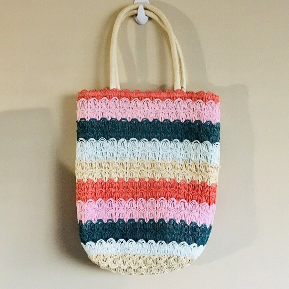 Colorful Striped Straw Tote Bag Double Straps - Picture 2 of 8